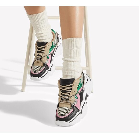 Brand New Women Black/Green PU+Mesh Chunky Dad Sneakers TPE Sole Retro - Picture 6 of 9